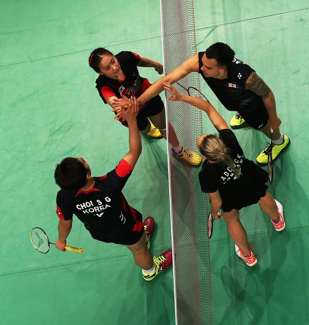 At right, Chris & Gabby Adcock (England) and Choi Solgyu and Chae Yoo Jung (Korea) at left